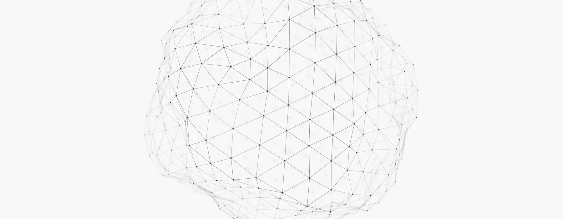 A wireframe sphere drawn as a fine triangular mesh, fading toward its edges.