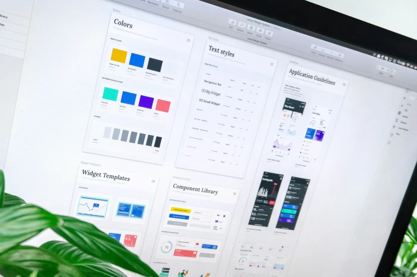 A design system open on a desktop screen — colour ramps, text styles and a component library side by side.